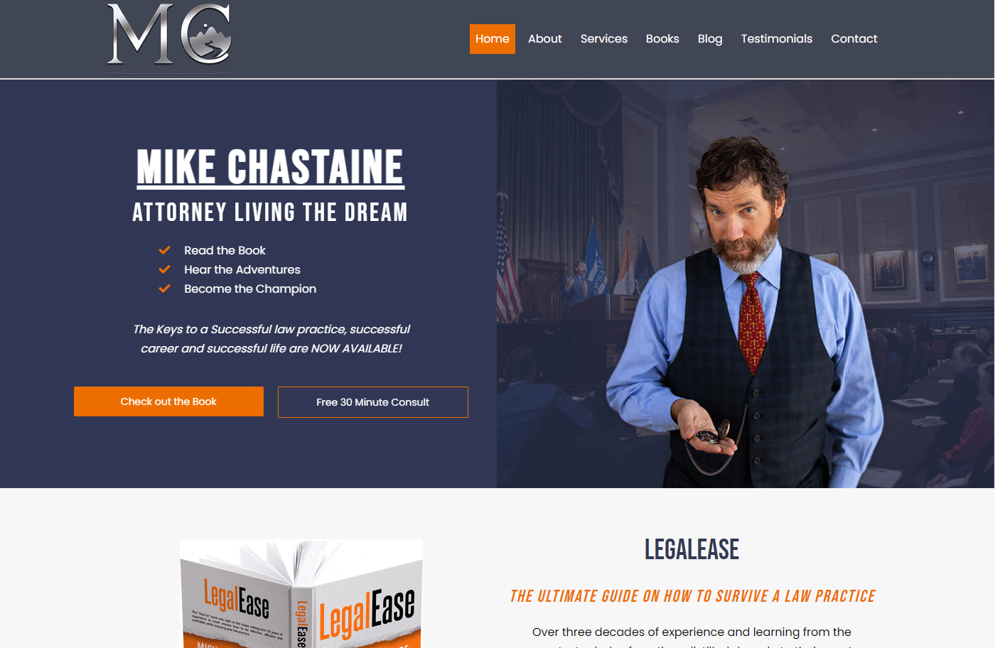 image of new website design for author, speaker and lawyer consultant Mike Chastaine of Gold River