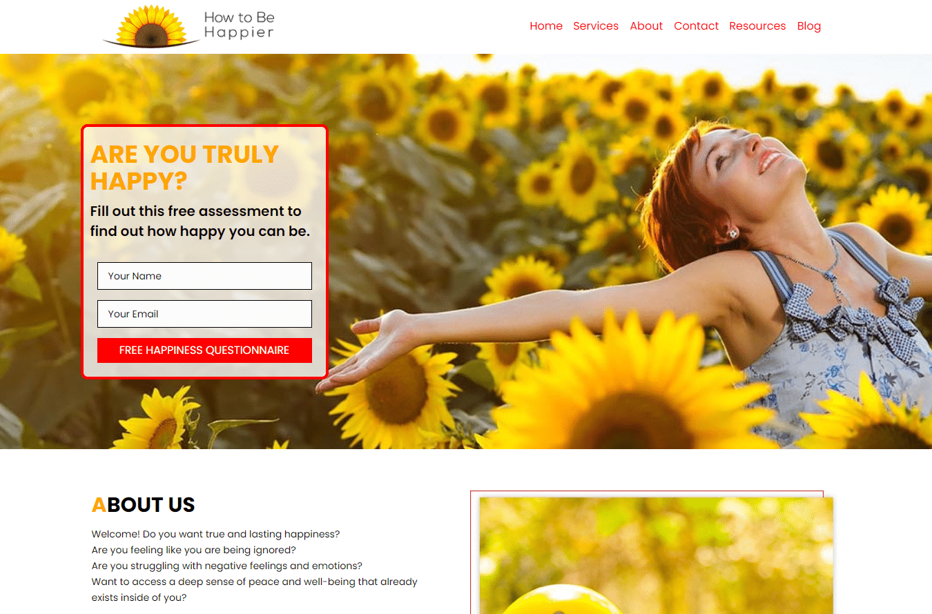 image of sunflowers and happy life coach website design home page