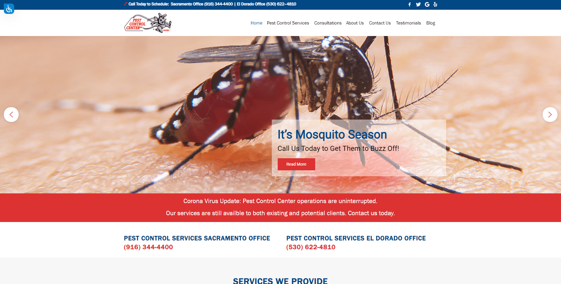 image of new home page for pest control center in Sacramento website redesign