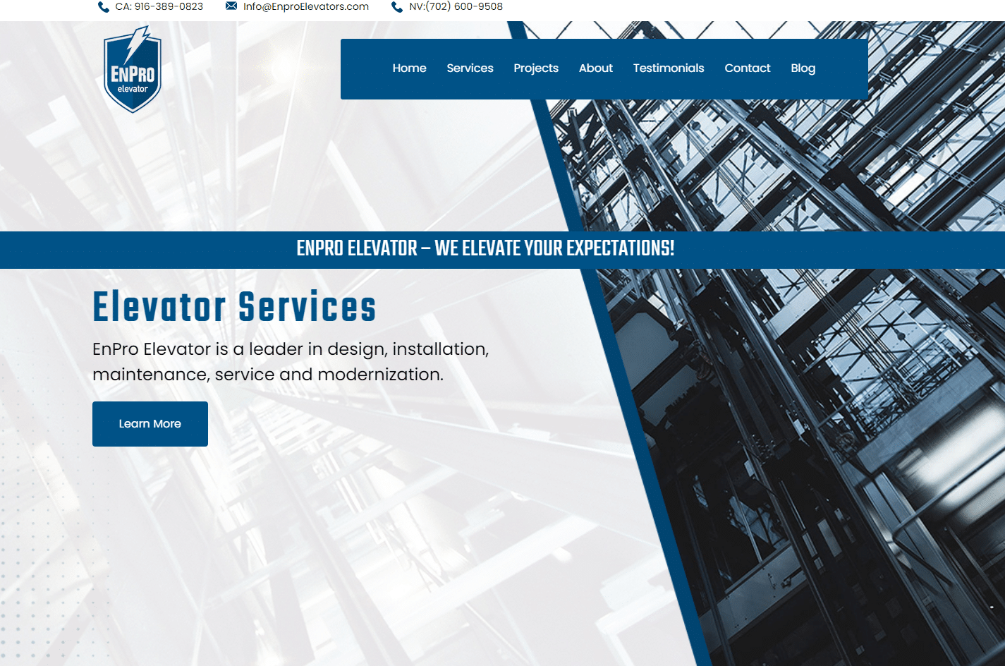 Photo of newly remodeled EnPro Elevator website home page